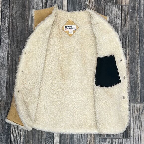 🔥🔥 True Vintage GENUINE LEATHER PILE Tan Suede Western Sherpa Lined VEST Jacke - Picture 5 of 11